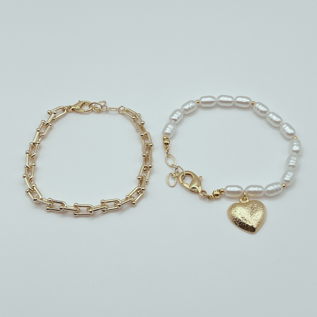 Pulsera set x 2 corazón y perlas